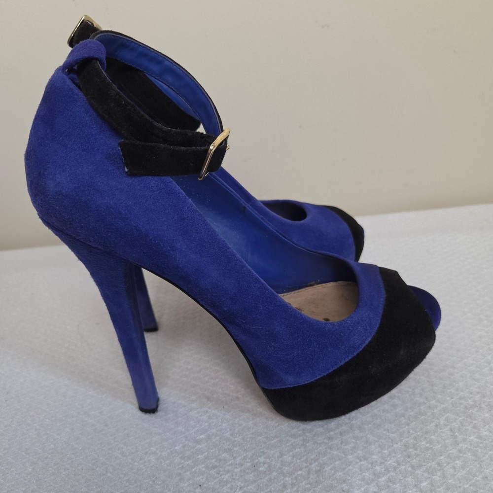 H by Halston Royal Blue Black Suede Peep Toe Platform Ankle Strap Stiletto Heels